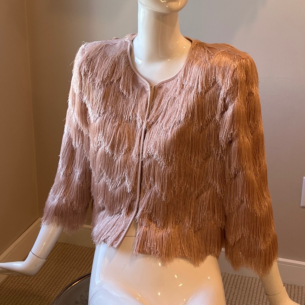 GORGEOUS Blush Pink fringe jacket coat size L ( 10 12) BCBGMAxAzria NEW NWT MINT